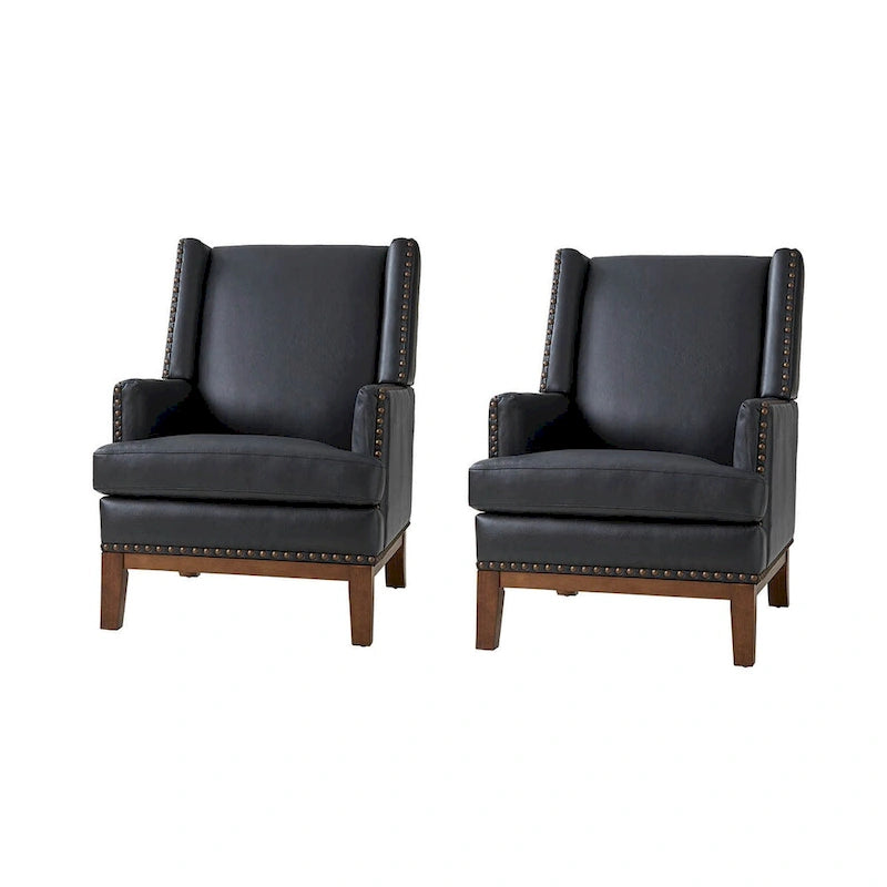 Lourdes Genuine Leather Armchair with Solid Wood Frame and Removable Seat Cushion,Set of 2 by HULALA HOME