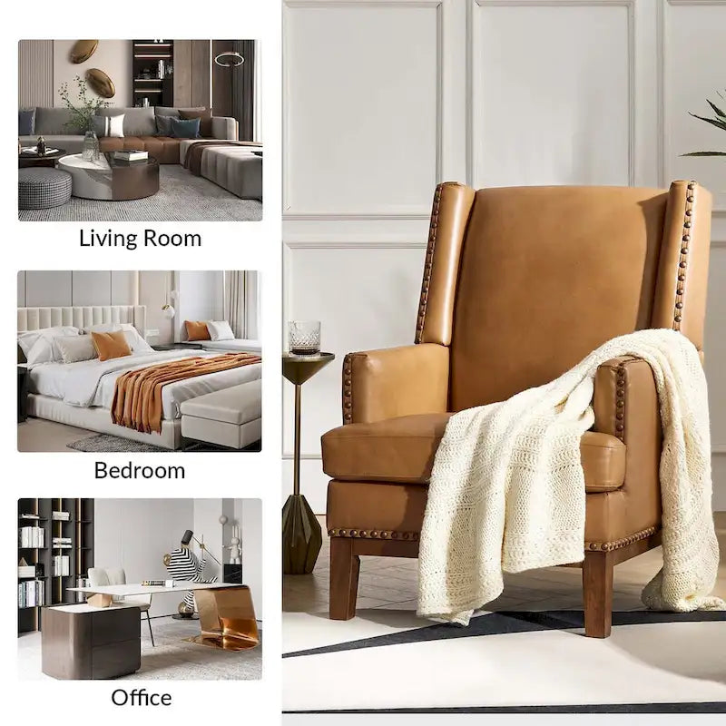 Lourdes Genuine Leather Armchair with Solid Wood Frame and Removable Seat Cushion,Set of 2 by HULALA HOME