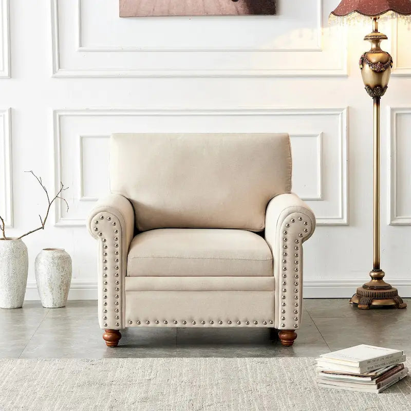 Linen Fabric Upholstered Sofa with Storage, 3-Seater Couch with Solid Wood Frame, Round Arms, and Removable Cushion Cover