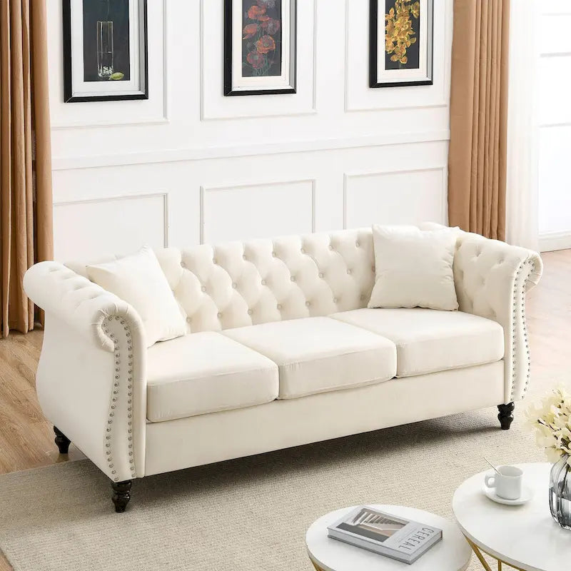 80 Chesterfield Sofa Beige Velvet for Living Room, 3 Seater Sofa Tufted Couch with Rolled Arms and Nailhead , two pillows