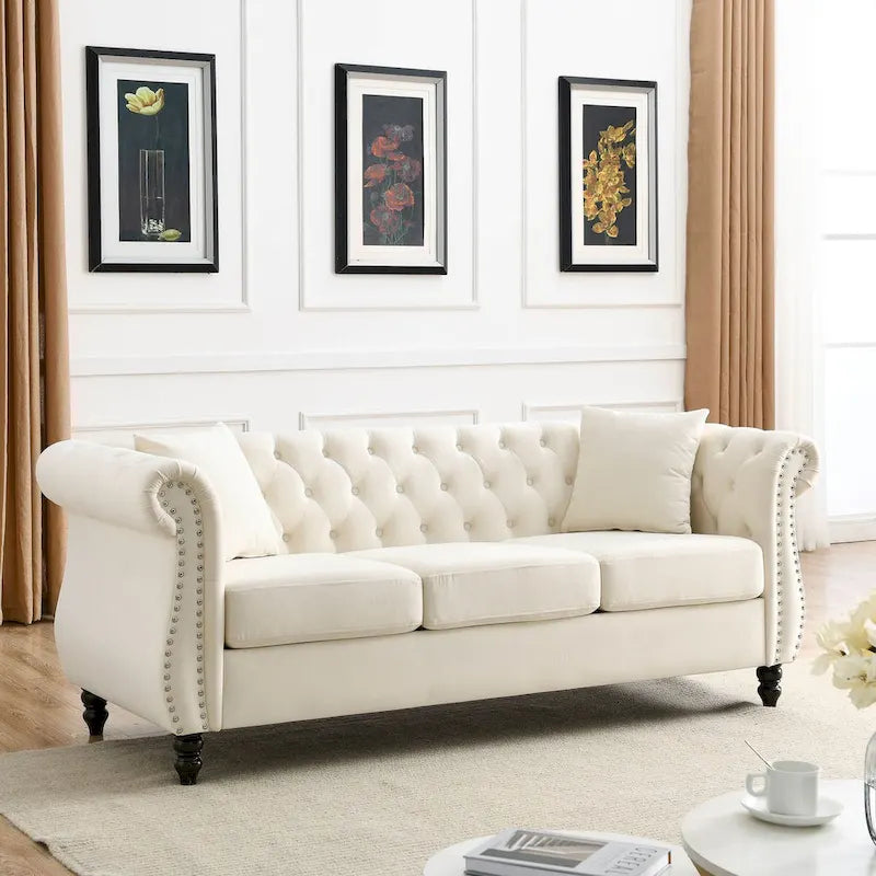 80 Chesterfield Sofa Beige Velvet for Living Room, 3 Seater Sofa Tufted Couch with Rolled Arms and Nailhead , two pillows