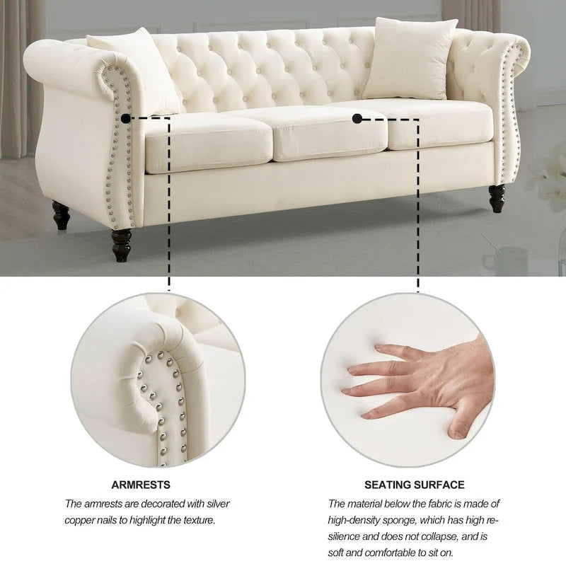 80 Chesterfield Sofa Beige Velvet for Living Room, 3 Seater Sofa Tufted Couch with Rolled Arms and Nailhead , two pillows
