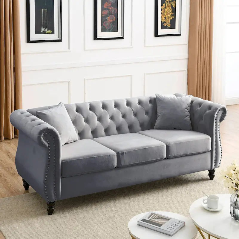 80 Chesterfield Sofa Beige Velvet for Living Room, 3 Seater Sofa Tufted Couch with Rolled Arms and Nailhead , two pillows