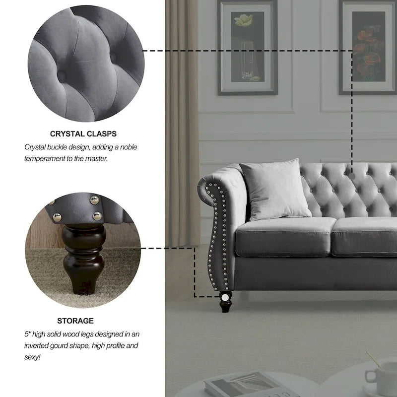 80 Chesterfield Sofa Beige Velvet for Living Room, 3 Seater Sofa Tufted Couch with Rolled Arms and Nailhead , two pillows