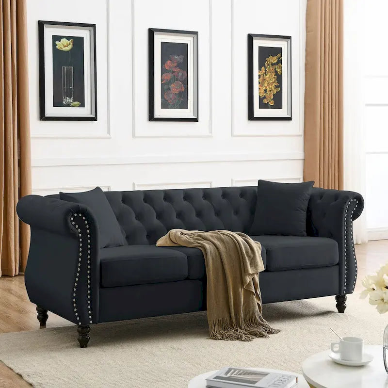 80 Chesterfield Sofa Beige Velvet for Living Room, 3 Seater Sofa Tufted Couch with Rolled Arms and Nailhead , two pillows