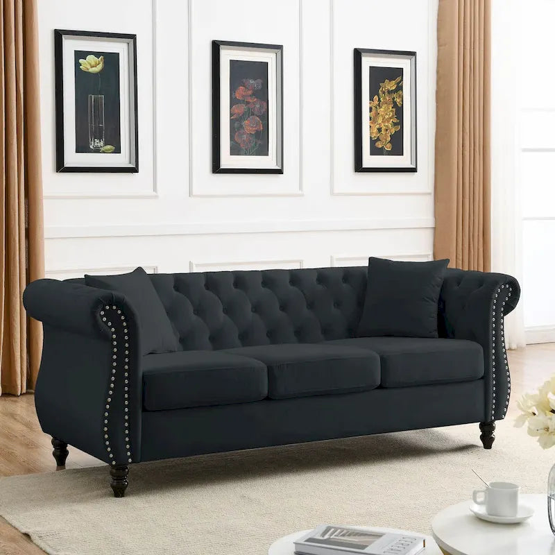 80 Chesterfield Sofa Beige Velvet for Living Room, 3 Seater Sofa Tufted Couch with Rolled Arms and Nailhead , two pillows