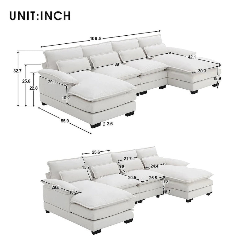 6-seat U-shaped Sectional Sofa, Sleeper Sectional with Waist Pillows for Living Room, Apartment