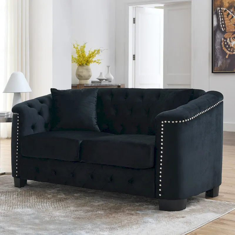 59Modern Velvet Sofa,2-Seater Sofa,Upholstered Tufted Backrests with Nailhead Arms and 2 Cushions for Living Room