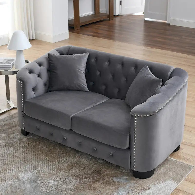 59Modern Velvet Sofa,2-Seater Sofa,Upholstered Tufted Backrests with Nailhead Arms and 2 Cushions for Living Room