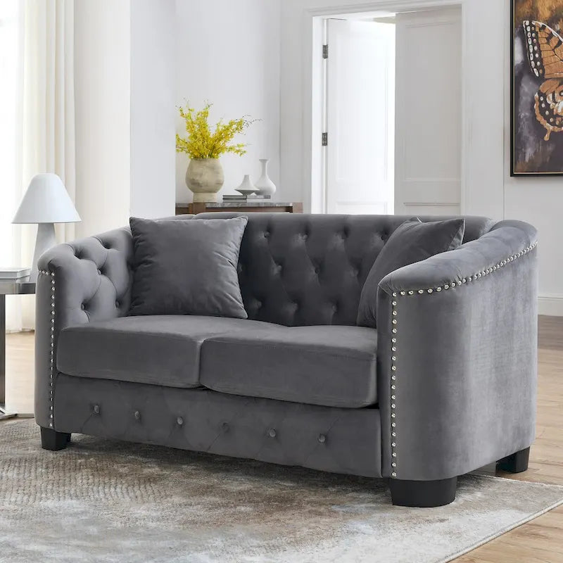 59Modern Velvet Sofa,2-Seater Sofa,Upholstered Tufted Backrests with Nailhead Arms and 2 Cushions for Living Room