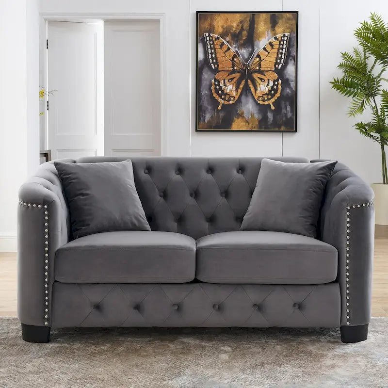 59Modern Velvet Sofa,2-Seater Sofa,Upholstered Tufted Backrests with Nailhead Arms and 2 Cushions for Living Room