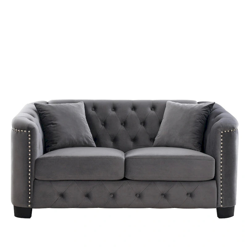 59Modern Velvet Sofa,2-Seater Sofa,Upholstered Tufted Backrests with Nailhead Arms and 2 Cushions for Living Room