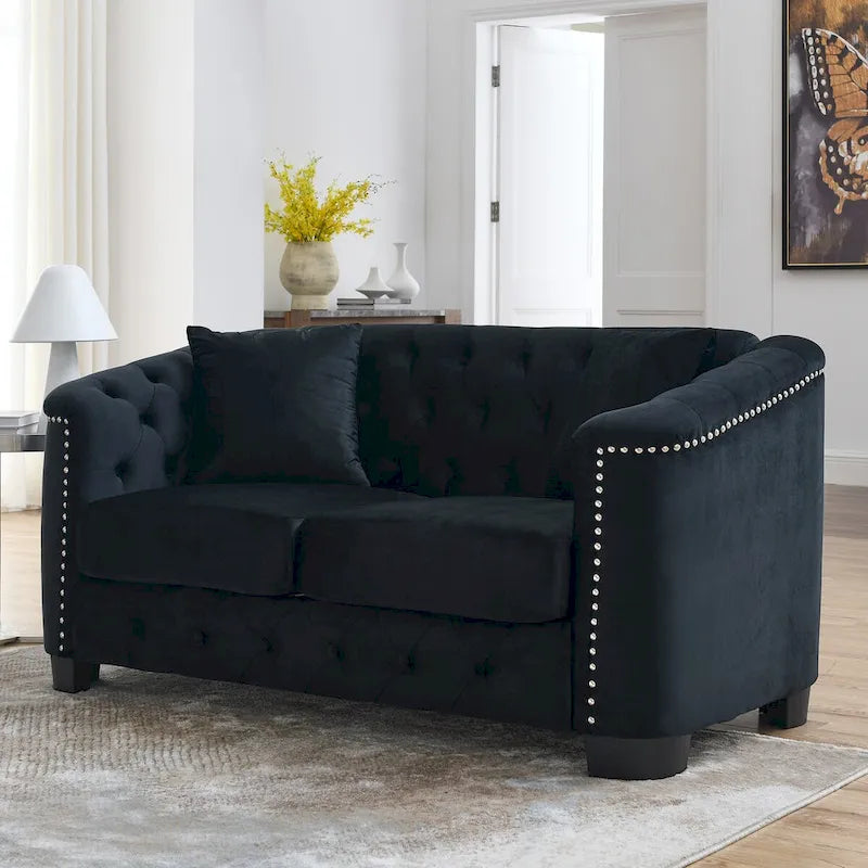59Modern Velvet Sofa,2-Seater Sofa,Upholstered Tufted Backrests with Nailhead Arms and 2 Cushions for Living Room