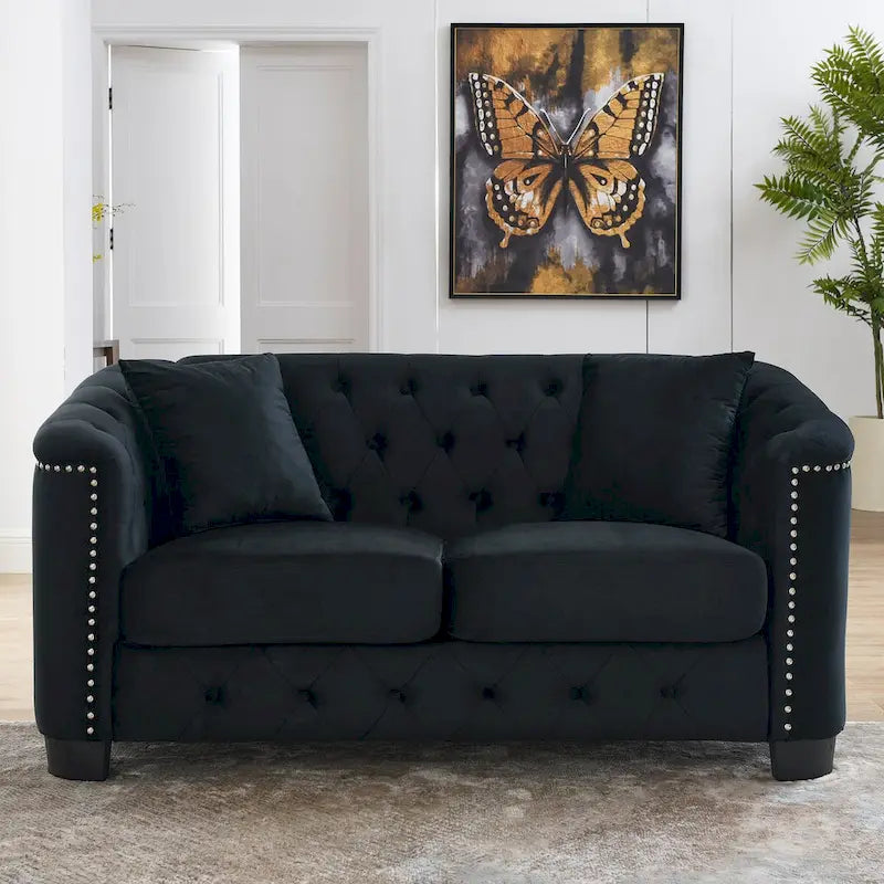 59Modern Velvet Sofa,2-Seater Sofa,Upholstered Tufted Backrests with Nailhead Arms and 2 Cushions for Living Room