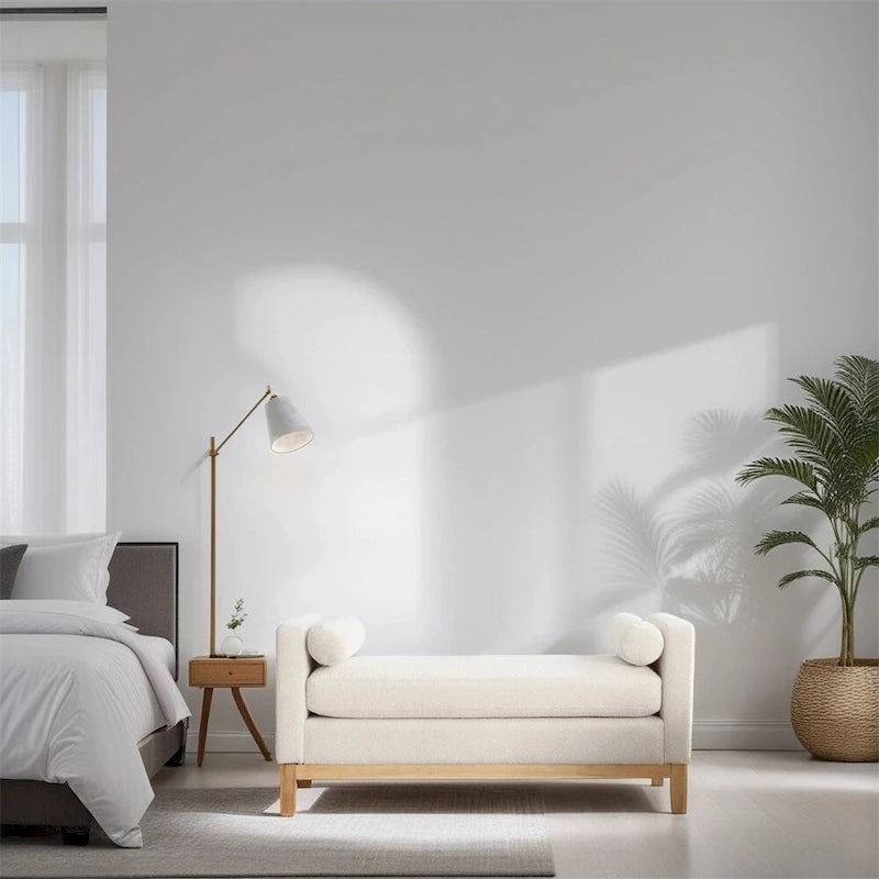 Elegant Upholstered Bench,Ottoman with Wood Legs & Bolster Pillows