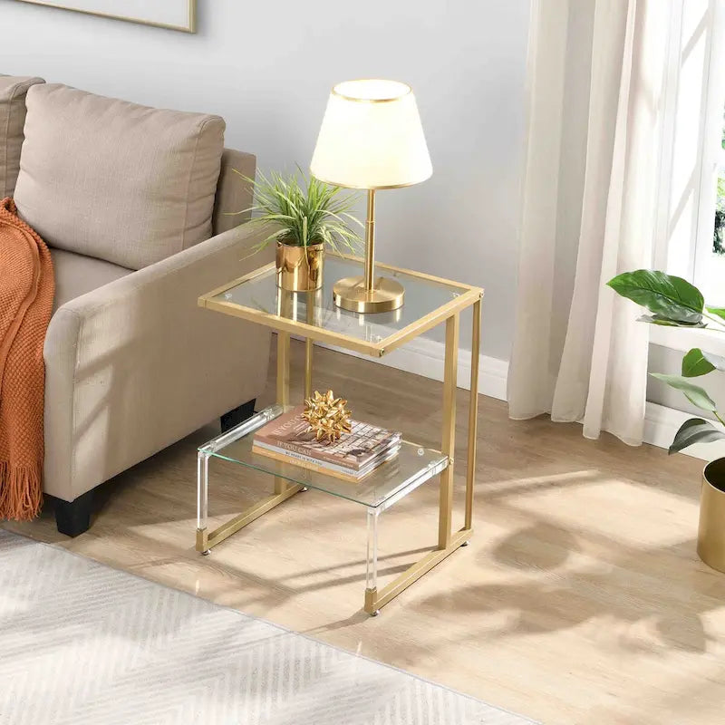 Golden Side Table, 2-Tier Acrylic Glass End Table for Dining Room, Living Room, Kitchen, Hallway
