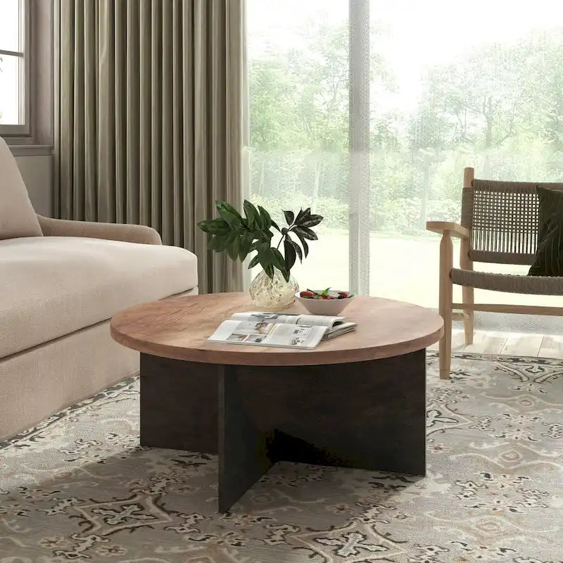 Round Coffee Table Rustic Wood End Table for Living Room