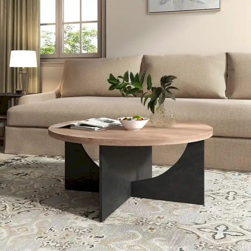Round Coffee Table Rustic Wood End Table for Living Room