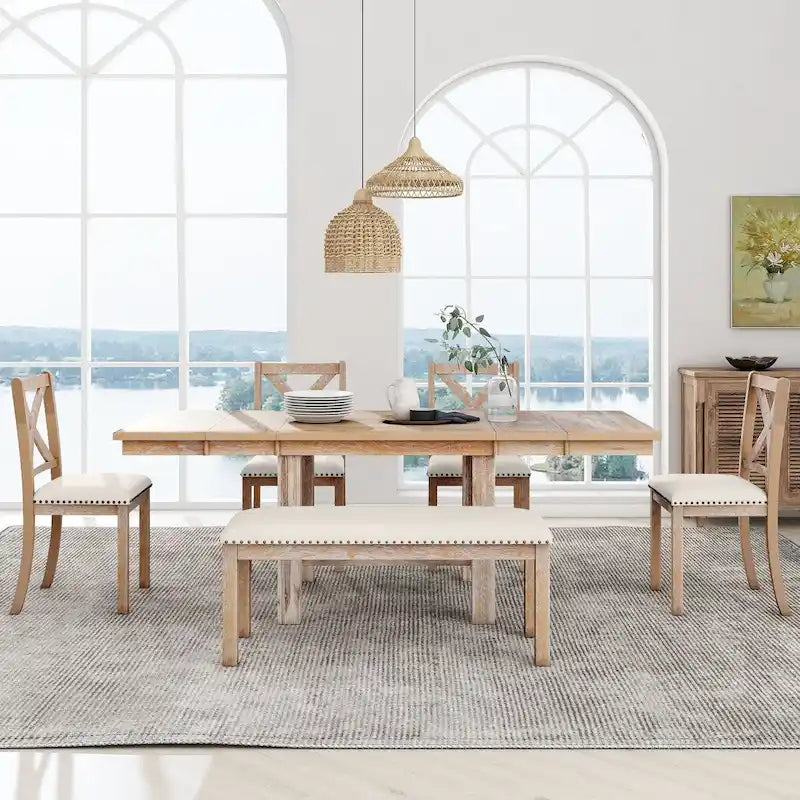 82inch 6-Piece Extendable Dining Table with Footrest,4 Upholstered Dining Chairs,Bench,Two 11Removable Leaf,Beige Cushion