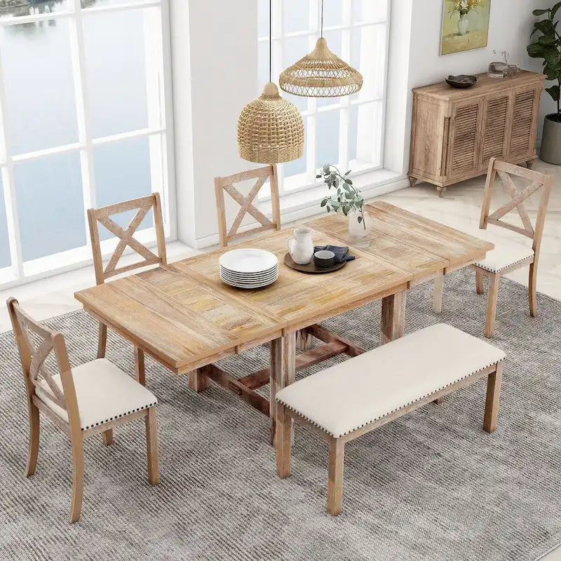 82inch 6-Piece Extendable Dining Table with Footrest,4 Upholstered Dining Chairs,Bench,Two 11Removable Leaf,Beige Cushion