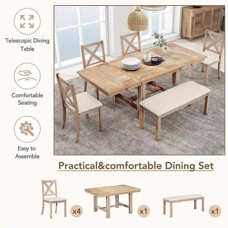 82inch 6-Piece Extendable Dining Table with Footrest,4 Upholstered Dining Chairs,Bench,Two 11Removable Leaf,Beige Cushion