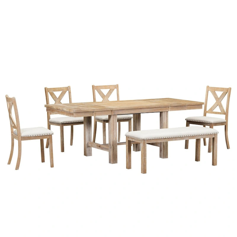 82inch 6-Piece Extendable Dining Table with Footrest,4 Upholstered Dining Chairs,Bench,Two 11Removable Leaf,Beige Cushion