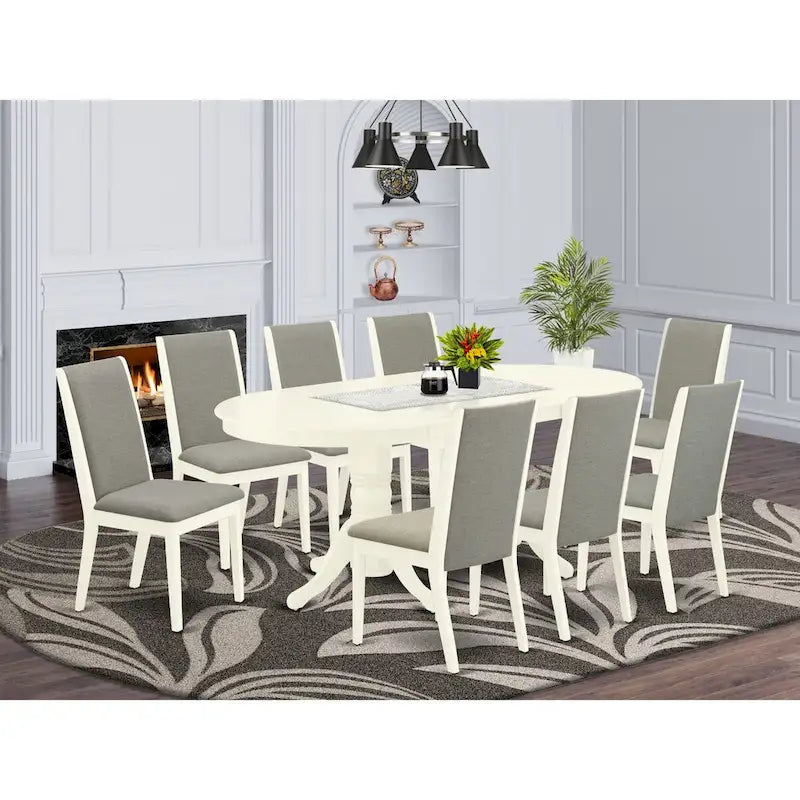 East West Furniture 9 Piece Kitchen Table Set- an Oval Dining Table and 8 Shitake Linen Fabric Chairs, Linen White
