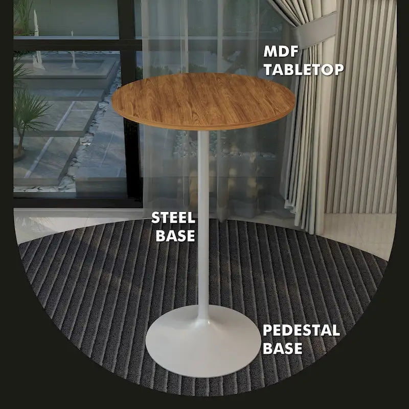 LeisureMod Verve 27 Round Dining Table with MDF Wood TableTop and White Steel Base for Kitchen & Dining Room