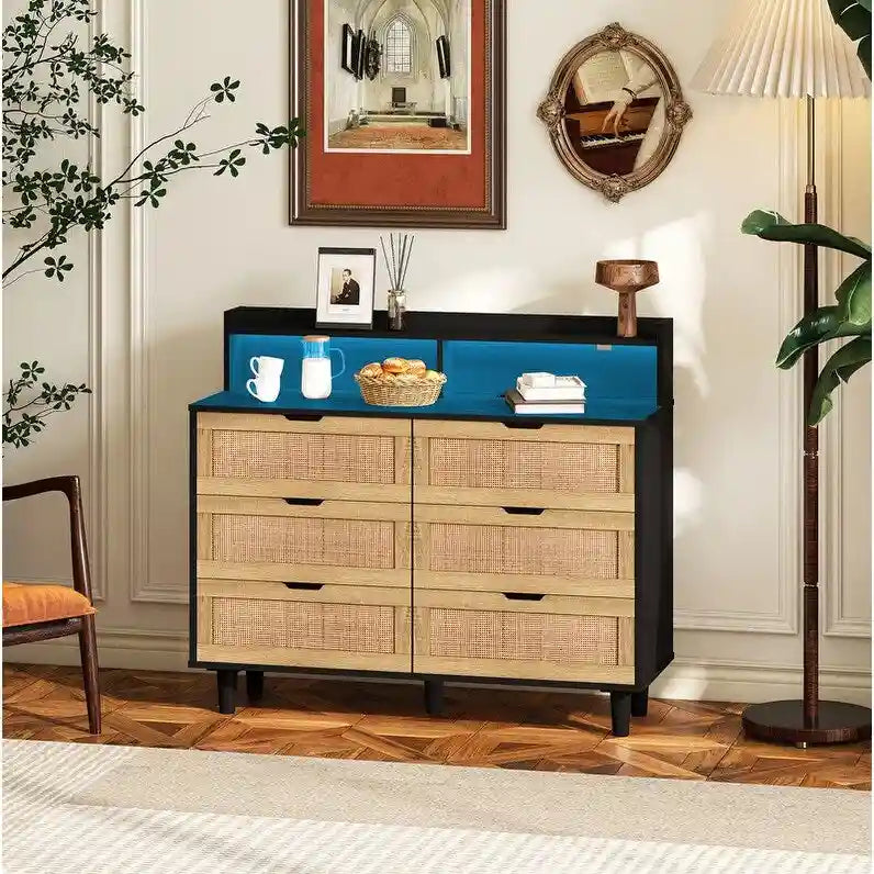 Grondin Bohemian Style 6 Rattan Drawers Sideboard Buffet Kitchen Storage Cabinet with Adjustable LED Lights and Power Outlet