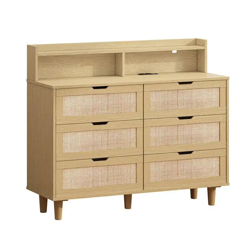 Grondin Bohemian Style 6 Rattan Drawers Sideboard Buffet Kitchen Storage Cabinet with Adjustable LED Lights and Power Outlet