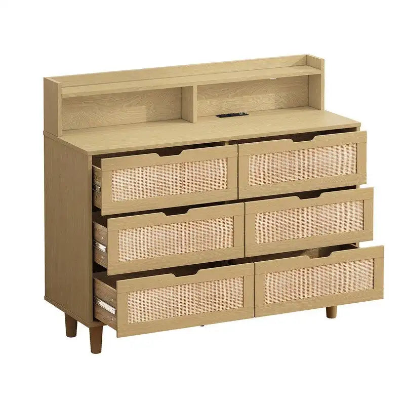 Grondin Bohemian Style 6 Rattan Drawers Sideboard Buffet Kitchen Storage Cabinet with Adjustable LED Lights and Power Outlet