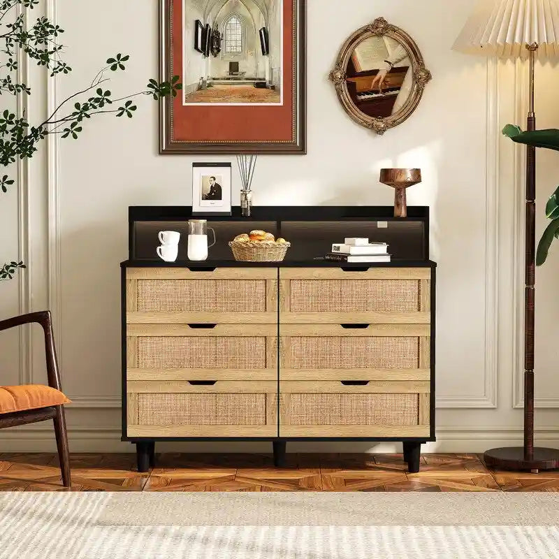 Grondin Bohemian Style 6 Rattan Drawers Sideboard Buffet Kitchen Storage Cabinet with Adjustable LED Lights and Power Outlet