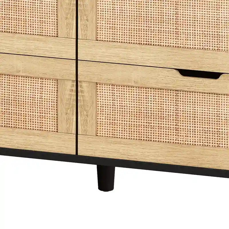 Grondin Bohemian Style 6 Rattan Drawers Sideboard Buffet Kitchen Storage Cabinet with Adjustable LED Lights and Power Outlet