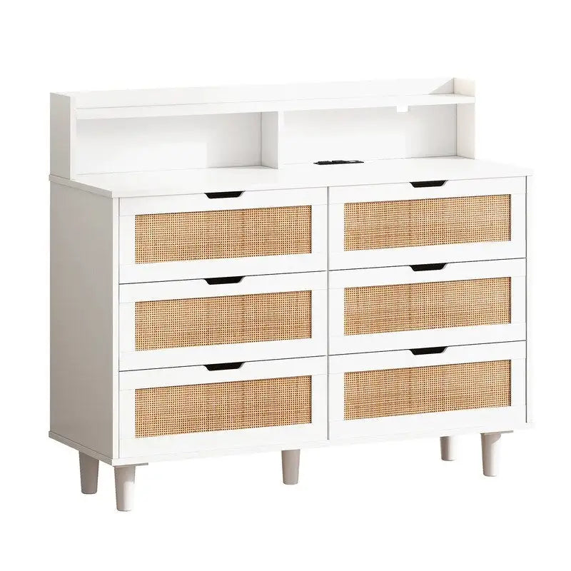 Grondin Bohemian Style 6 Rattan Drawers Sideboard Buffet Kitchen Storage Cabinet with Adjustable LED Lights and Power Outlet