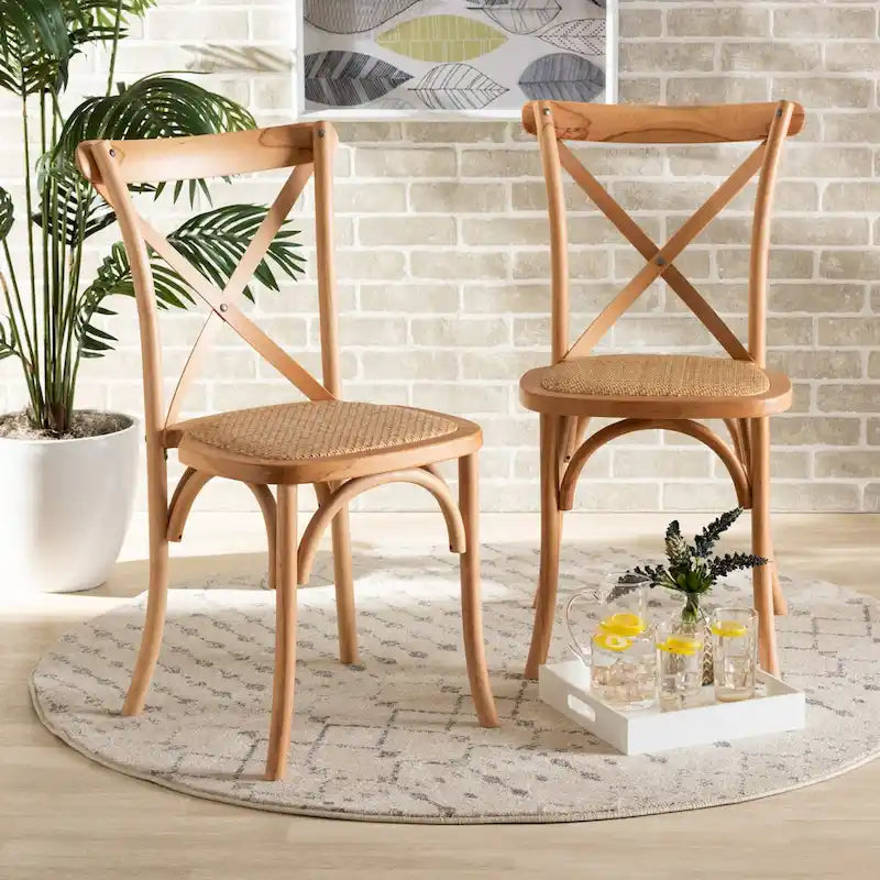 Tartan Mid-Century Woven Rattan Dining Chair Set (2PC)-Natural Brown