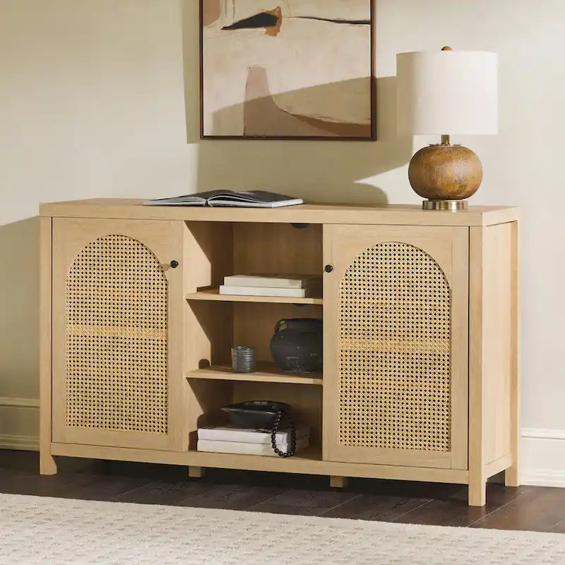 Transitional 58 2-Door Sideboard with Arched Rattan Panels for Living Room, Bedroom and Office