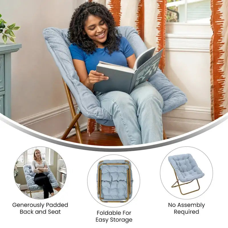 Folding Synthetic Fur Oversized Saucer Chair with Steel Frame - N/A