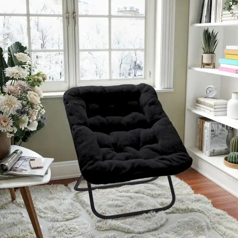 Folding Synthetic Fur Oversized Saucer Chair with Steel Frame - N/A