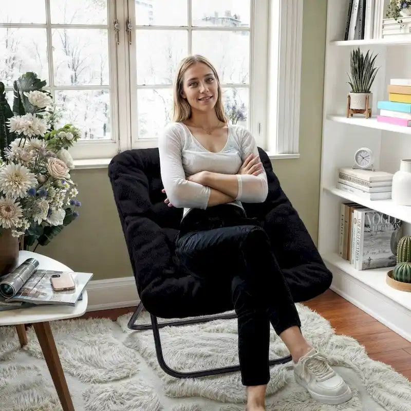 Folding Synthetic Fur Oversized Saucer Chair with Steel Frame - N/A