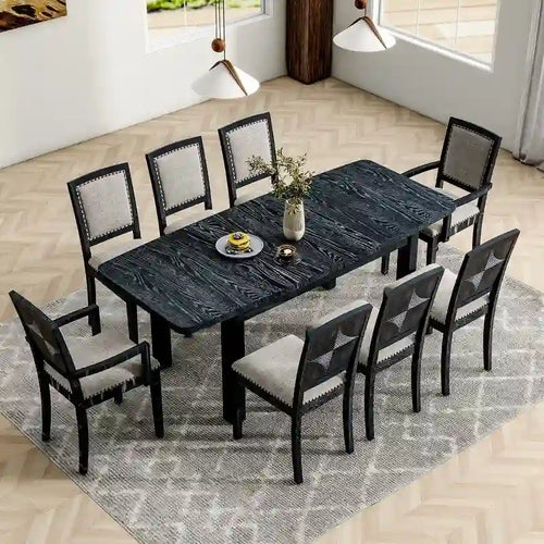 9 Pieces Extendable Dining Table Set with 24inch Removable Leaf , 6 Upholstered Armless Dining Chairs and 2 Padded Arm Chairs