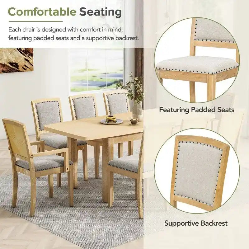 9 Pieces Extendable Dining Table Set with 24inch Removable Leaf , 6 Upholstered Armless Dining Chairs and 2 Padded Arm Chairs