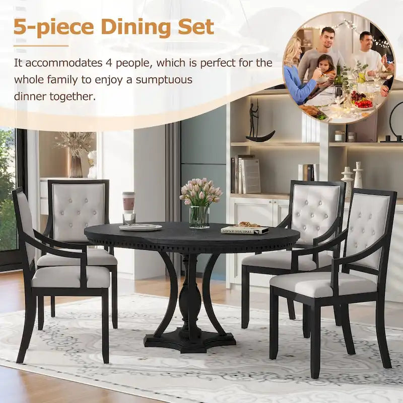Retro 5-piece Dining Set Extendable Round Table and 4 Chairs for Kitchen Dining Room