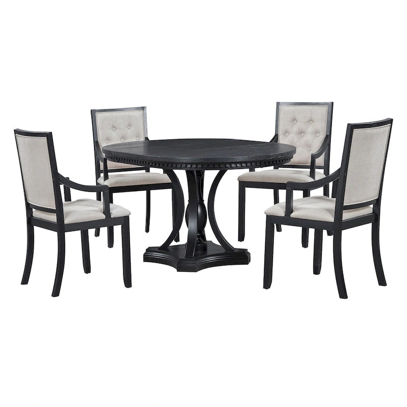 Retro 5-piece Dining Set Extendable Round Table and 4 Chairs for Kitchen Dining Room