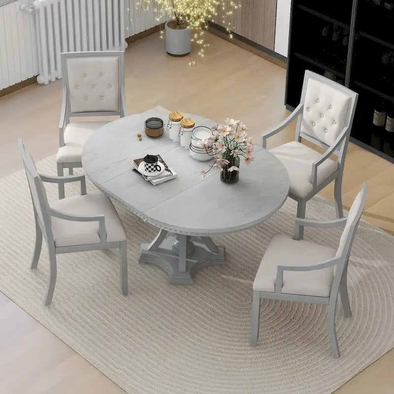Retro 5-piece Dining Set Extendable Round Table and 4 Chairs for Kitchen Dining Room