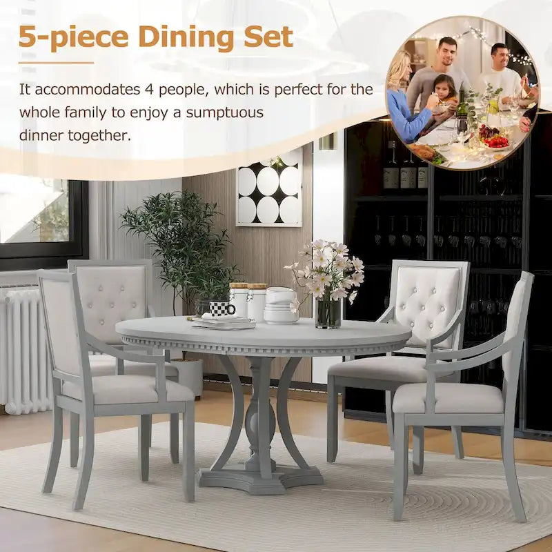 Retro 5-piece Dining Set Extendable Round Table and 4 Chairs for Kitchen Dining Room