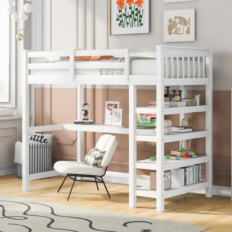 Twin Size Pine Loft Bed with Storage Shelves and Under-Bed Desk