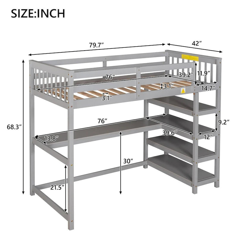 Twin Size Pine Loft Bed with Storage Shelves and Under-Bed Desk