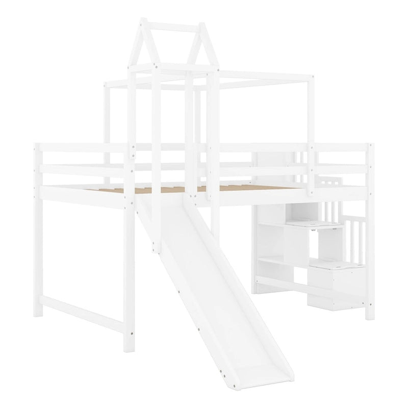 House Full Loft Bed with Slide,Storage Stairs and Tent,Tower and Ladders, Playhouse Full Bed Frame for Kids