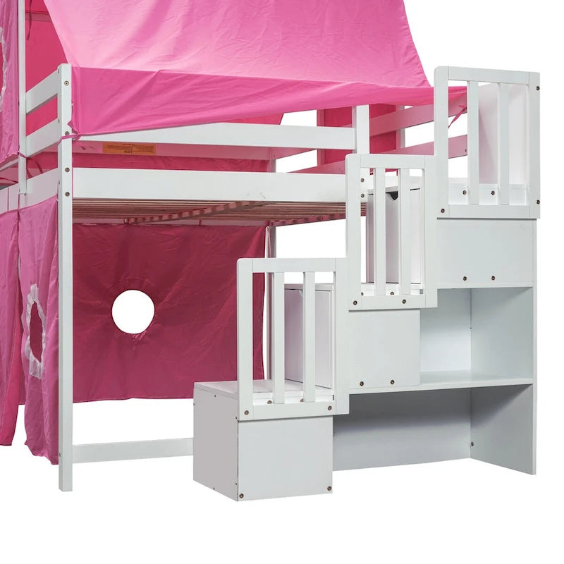 House Full Loft Bed with Slide,Storage Stairs and Tent,Tower and Ladders, Playhouse Full Bed Frame for Kids