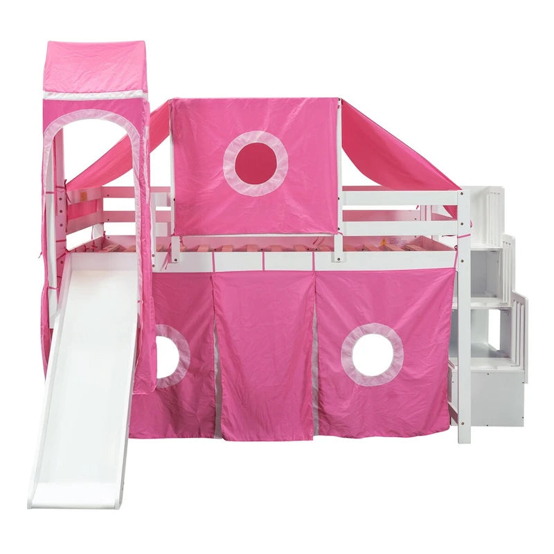 House Full Loft Bed with Slide,Storage Stairs and Tent,Tower and Ladders, Playhouse Full Bed Frame for Kids
